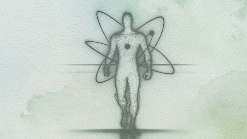Una ilustración de una figura humana en pose heroica rodeada por átomos en movimiento 