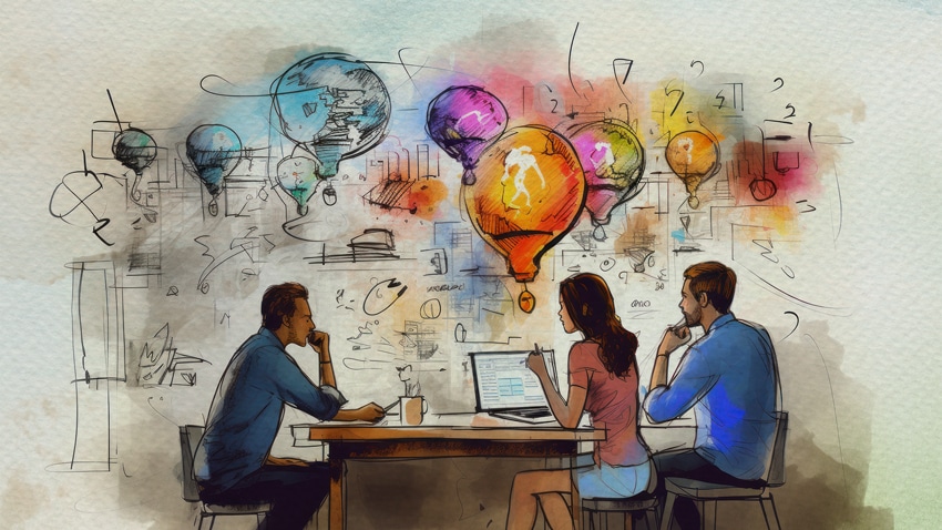 Tres personas trabajando en un escritorio con ilustraciones de bombillas de colores sobre ellos que representan ideas creativas