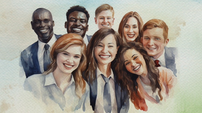 Una ilustración con estilo acuarela de un grupo de personas sonriendo