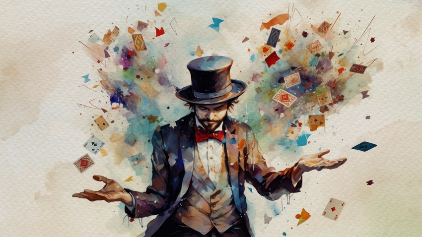 Una pintura de acuarela de un mago con un sombrero de copa y traje, rodeado de una nube do colores y naipes