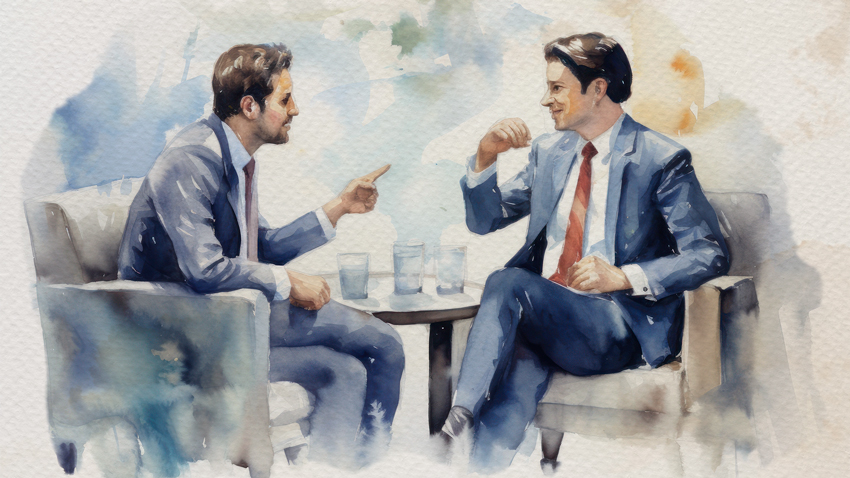 Dos hombres con traje conversando y sentados junto a una mesa