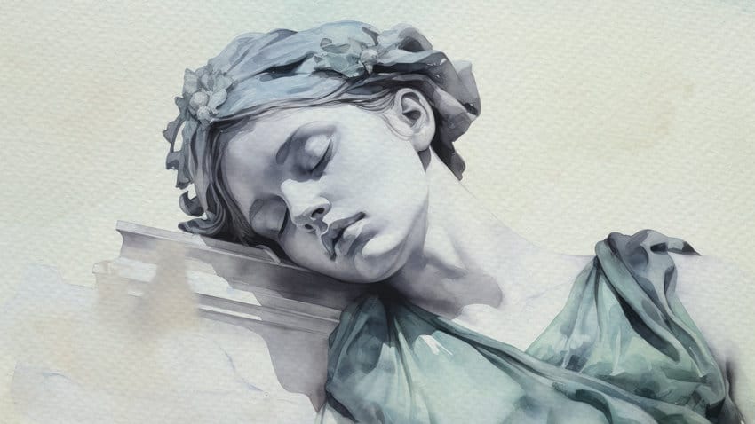 Una imagen de una estatua de una mujer recostada con los ojos cerrados
