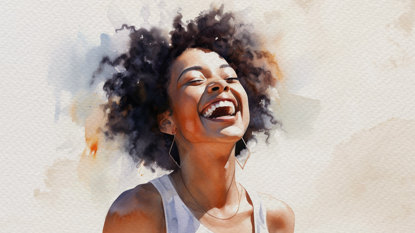 Retrato de una mujer joven riendo a carcajada 