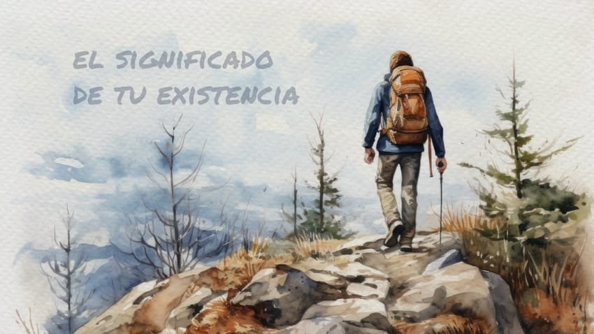Una ilustración de una persona que hace senderismo en una montaña con un texto en español que dice “El significado de tu existencia”