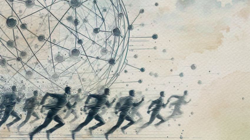 Una imagen donde figuran personas corriendo junto a una red de nodos o átomos