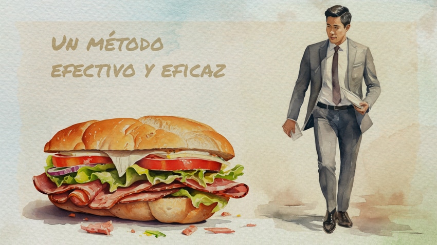 Una ilustración de acuarela de un hombre caminando hacia un sándwich gigante