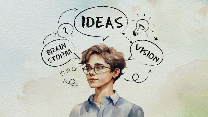 Un joven con gafas y globos de pensamiento alrededor de su cabeza con palabras como “ideas”, “lluvia de ideas” y “visión”.