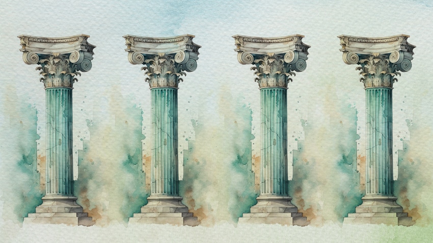 Ilustración de cuatro columnas en fila sobre un fondo de acuarela