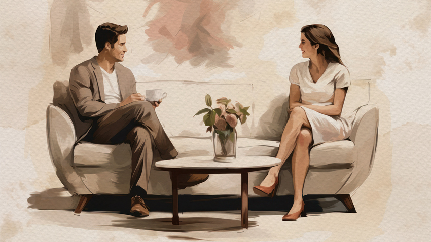Una ilustración de un hombre y una mujer conversando en un ambiente acogedor
